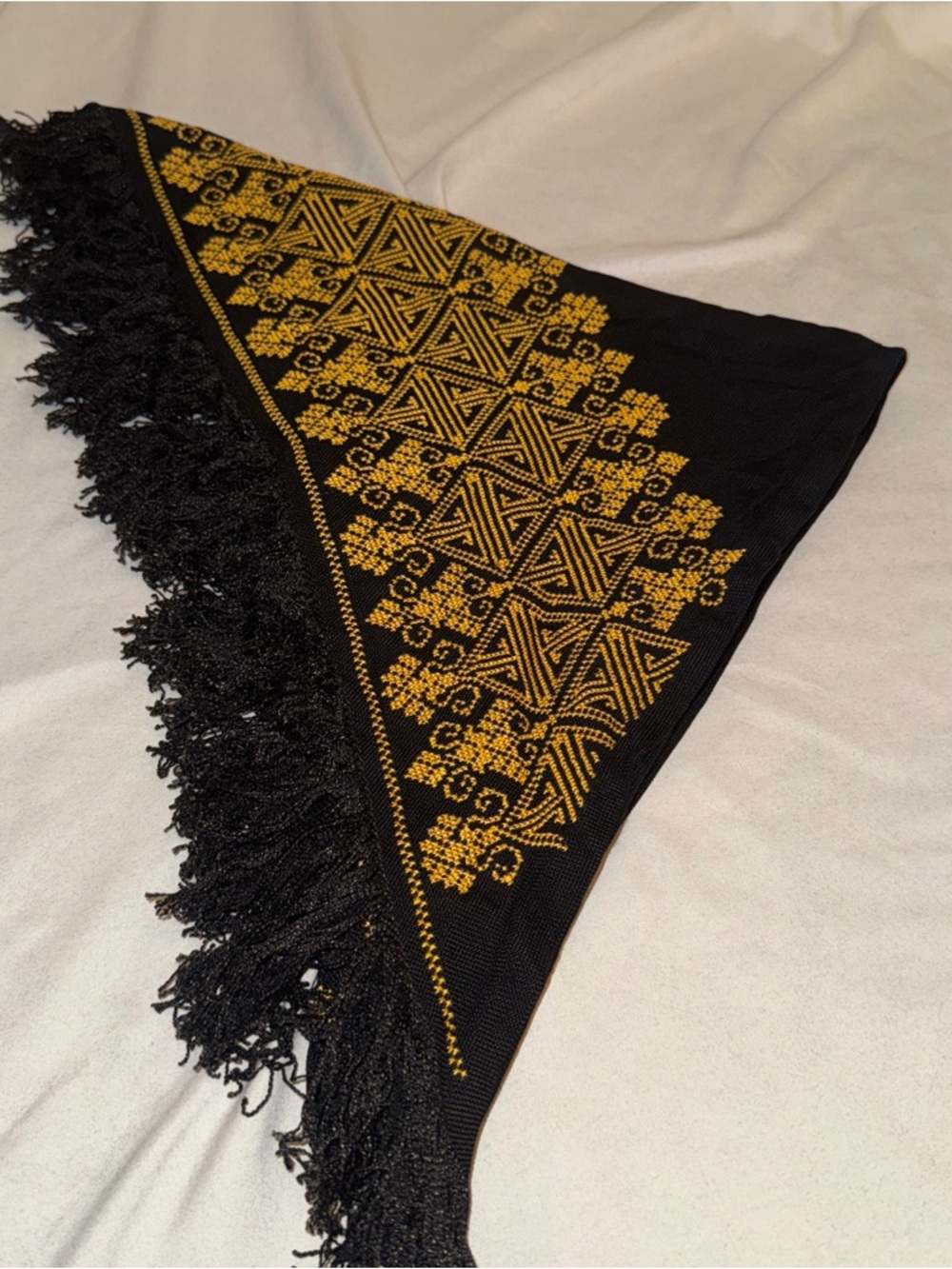 Black Triangle Shawl with Yellow Embroidered Geometric Pattern